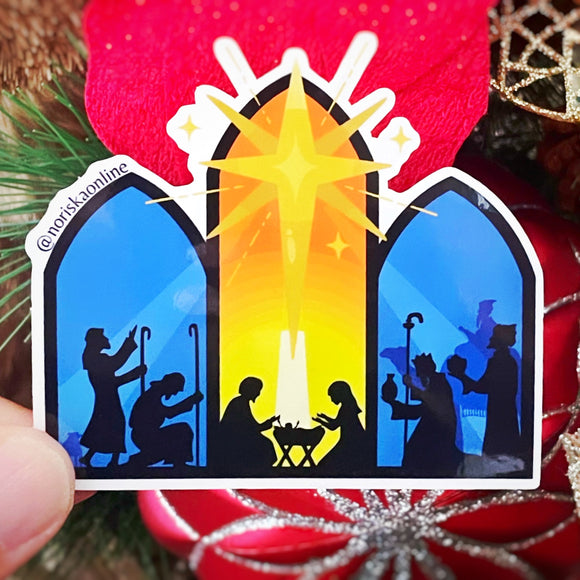 Sticker del nacimiento del Niño Jesús en el establo para Navidad.
Nativity scene christian christmas sticker.
Designed in Puerto Rico by a woman entrepeneur.