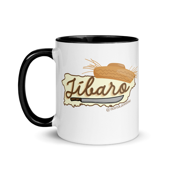 Taza con palabra jibaro de puerto rico y el mapa y sombrero y machete