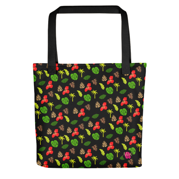Cartera elegante y resistente que representa la flora caribeña y puertorriqueña: la amapola, las palmeras y las hojas de plátano.