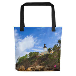 cartera con uno de los tradicionales edificios de Puerto Rico: sus faros.