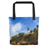 cartera con uno de los tradicionales edificios de Puerto Rico: sus faros.