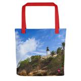 cartera con uno de los tradicionales edificios de Puerto Rico: sus faros.
